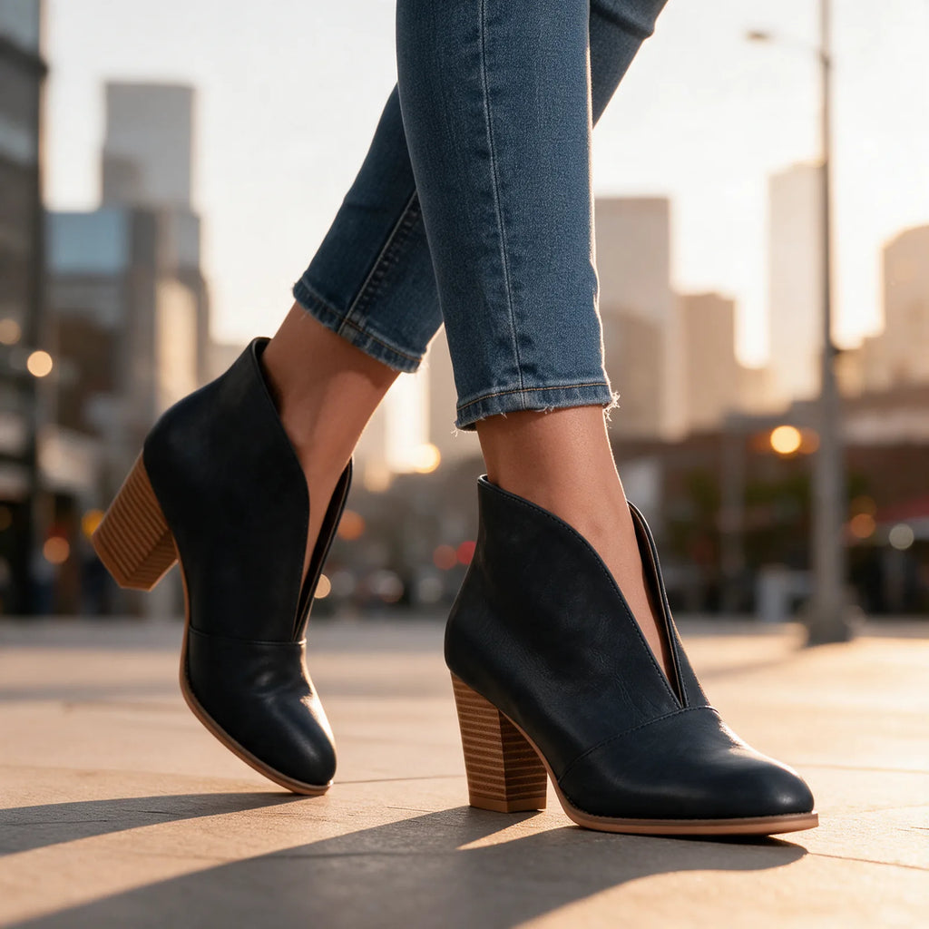 Women's V Cut Ankle Boots with Almond Toe & Stacked Block Heel - Model City Stride
