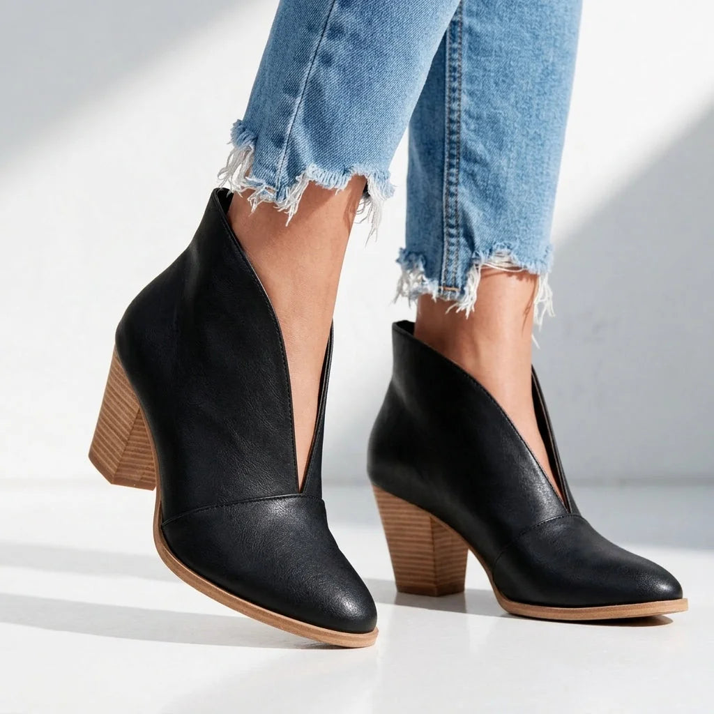 Women's V Cut Ankle Boots with Almond Toe & Stacked Block Heel - Model Walking Crop