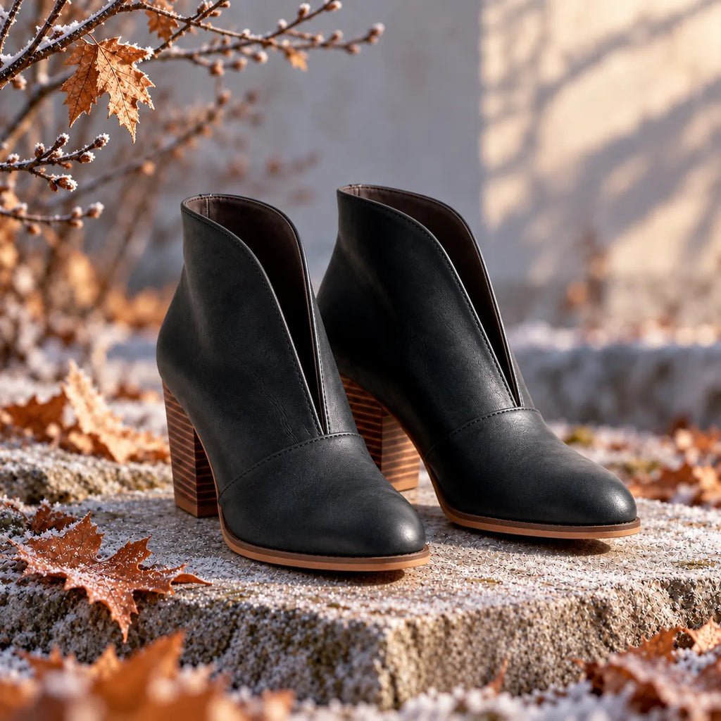 Women's V Cut Ankle Boots with Almond Toe & Stacked Block Heel - Outdoor Autumn Leaves Dusk