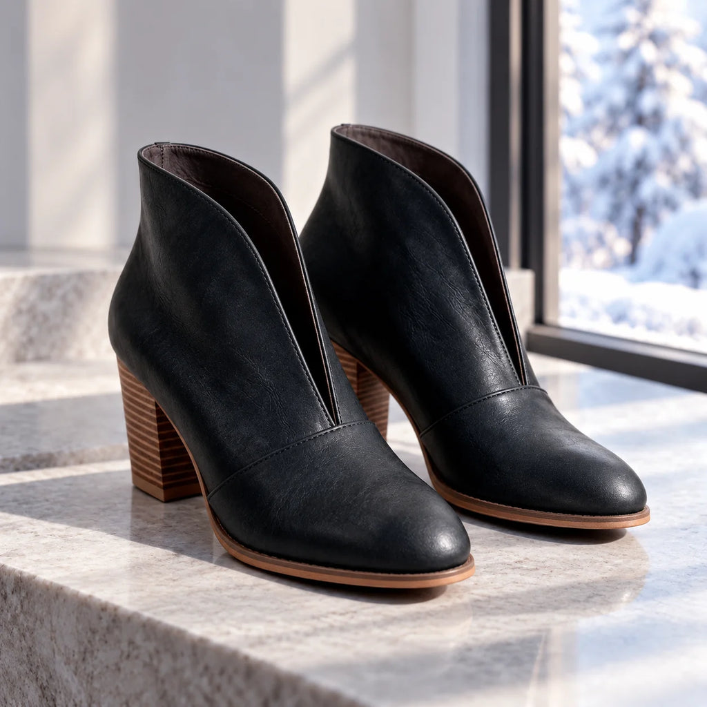 Women's V Cut Ankle Boots with Almond Toe & Stacked Block Heel - Window Sill Pose