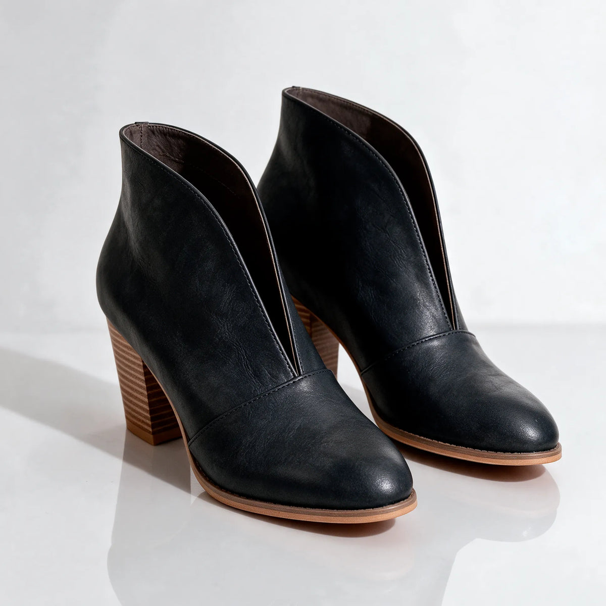 Black Women's V Cut Ankle Boots with Almond Toe & Stacked Block Heel