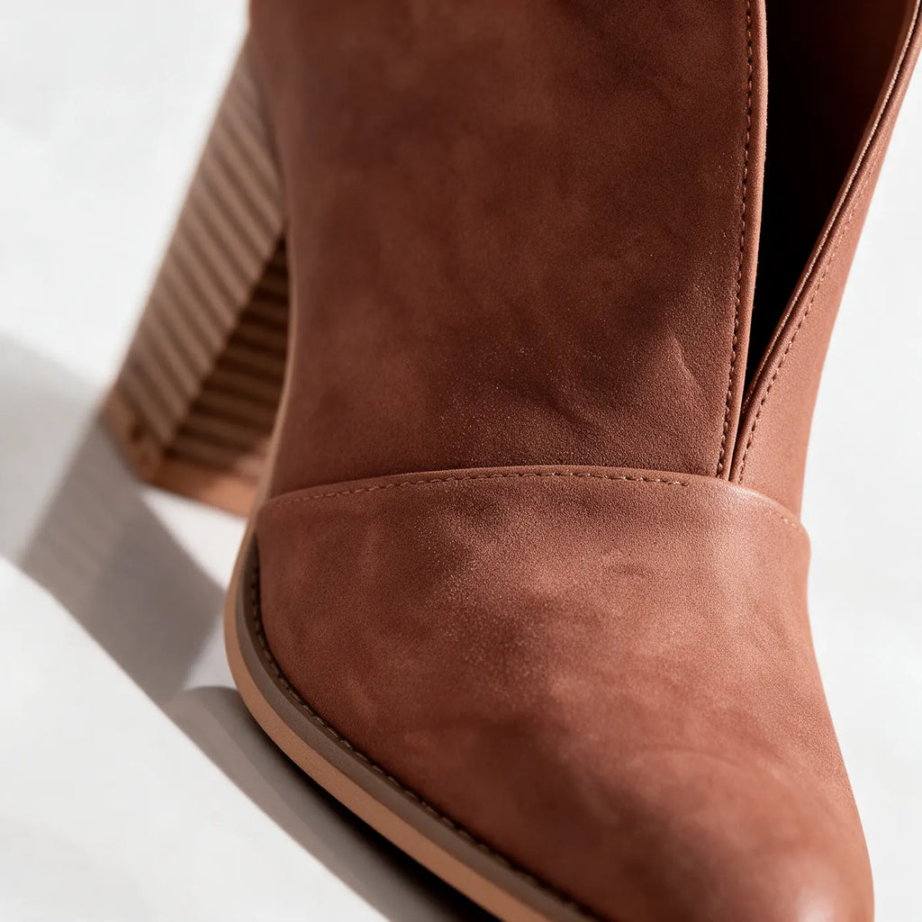 Women's V Cut Ankle Boots with Almond Toe & Stacked Block Heel - Close Up Toe Detail