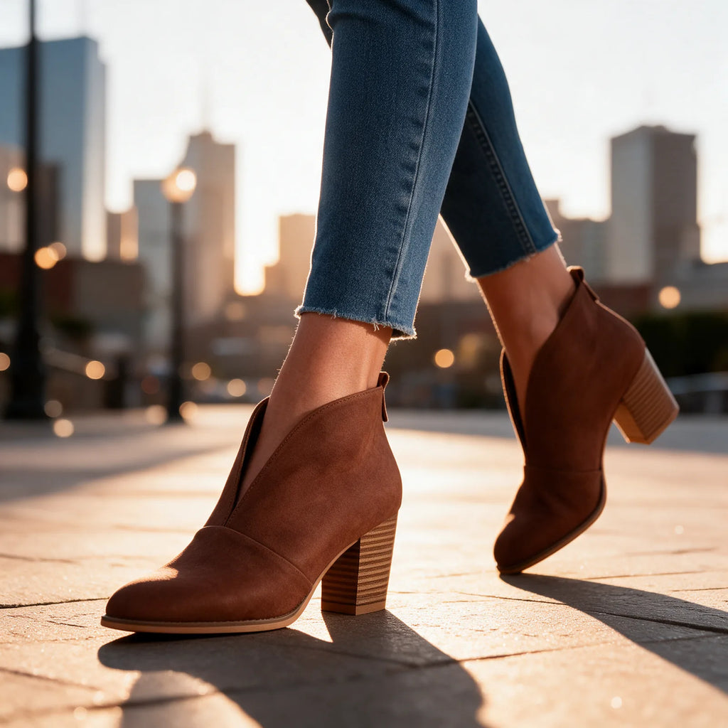 Women's V Cut Ankle Boots with Almond Toe & Stacked Block Heel - Model City Walk