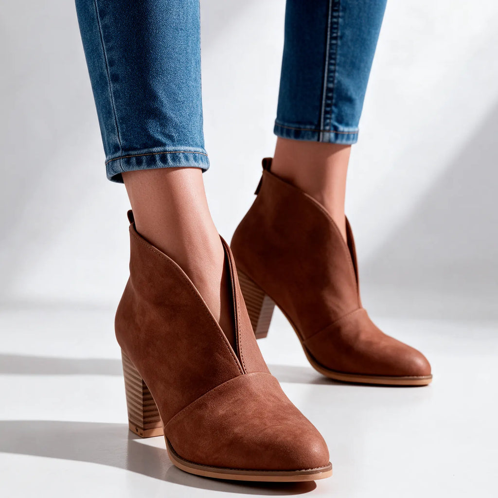 Women's V Cut Ankle Boots with Almond Toe & Stacked Block Heel - Model Walking Indoor