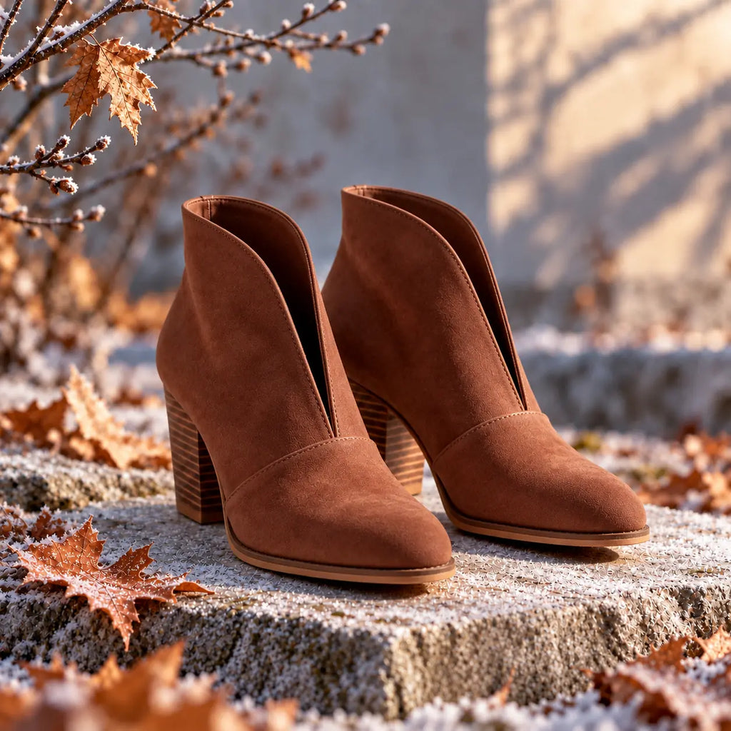 Women's V Cut Ankle Boots with Almond Toe & Stacked Block Heel - Outdoor Autumn Leaves Frost