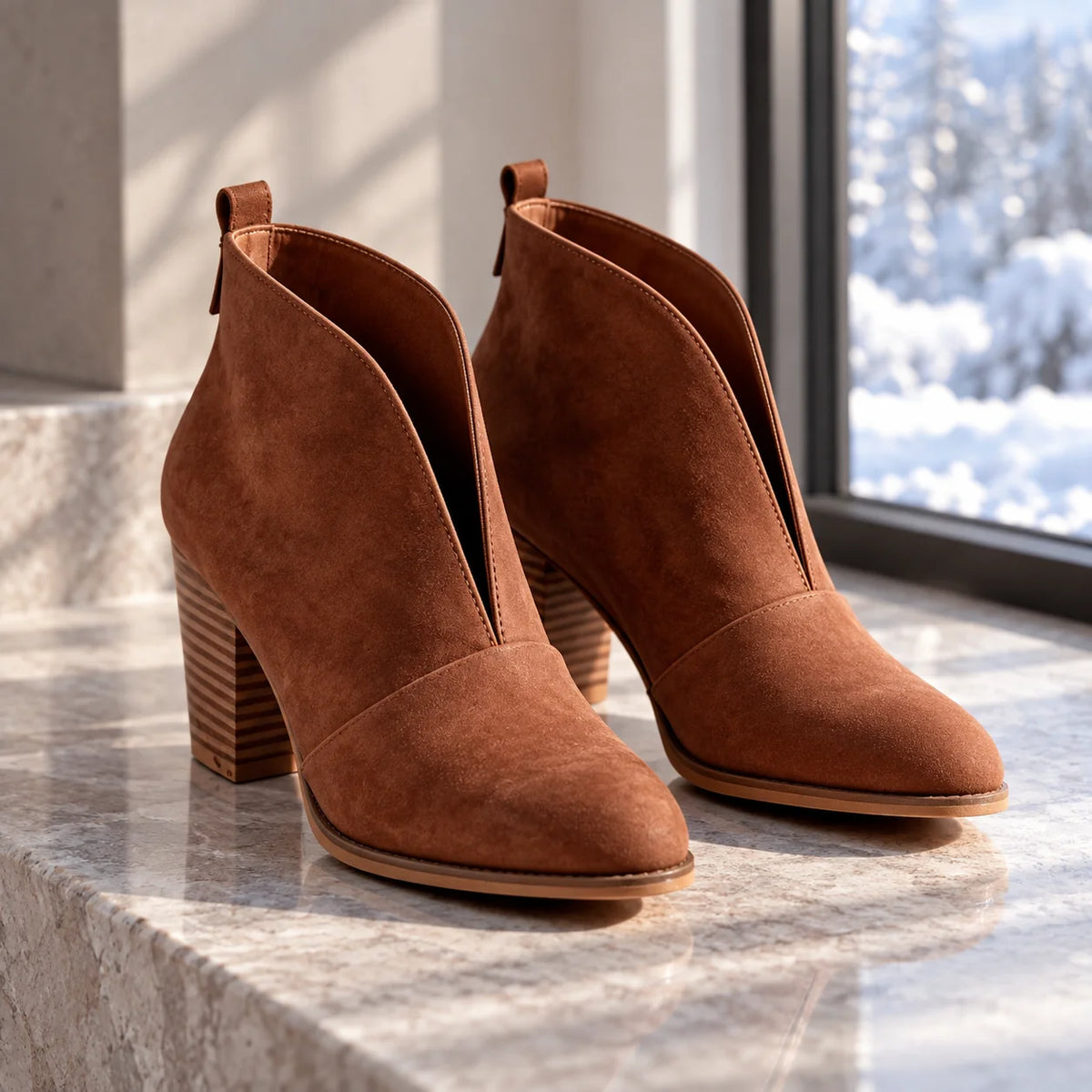Women's V Cut Ankle Boots with Almond Toe & Stacked Block Heel - Window Ledge Display