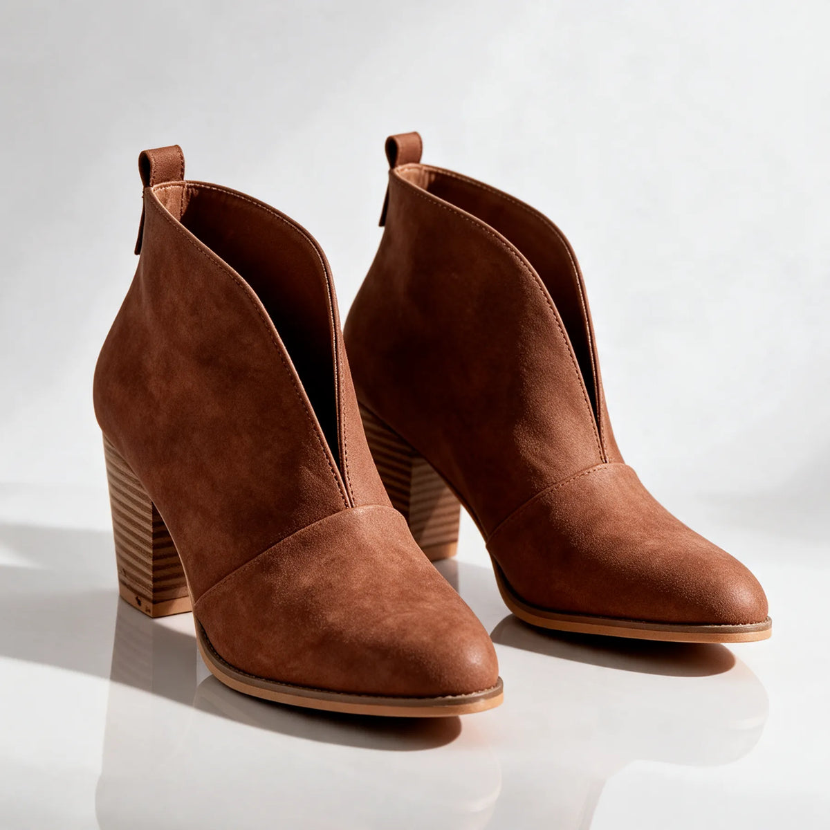 Brown Women's V Cut Ankle Boots with Almond Toe & Stacked Block Heel