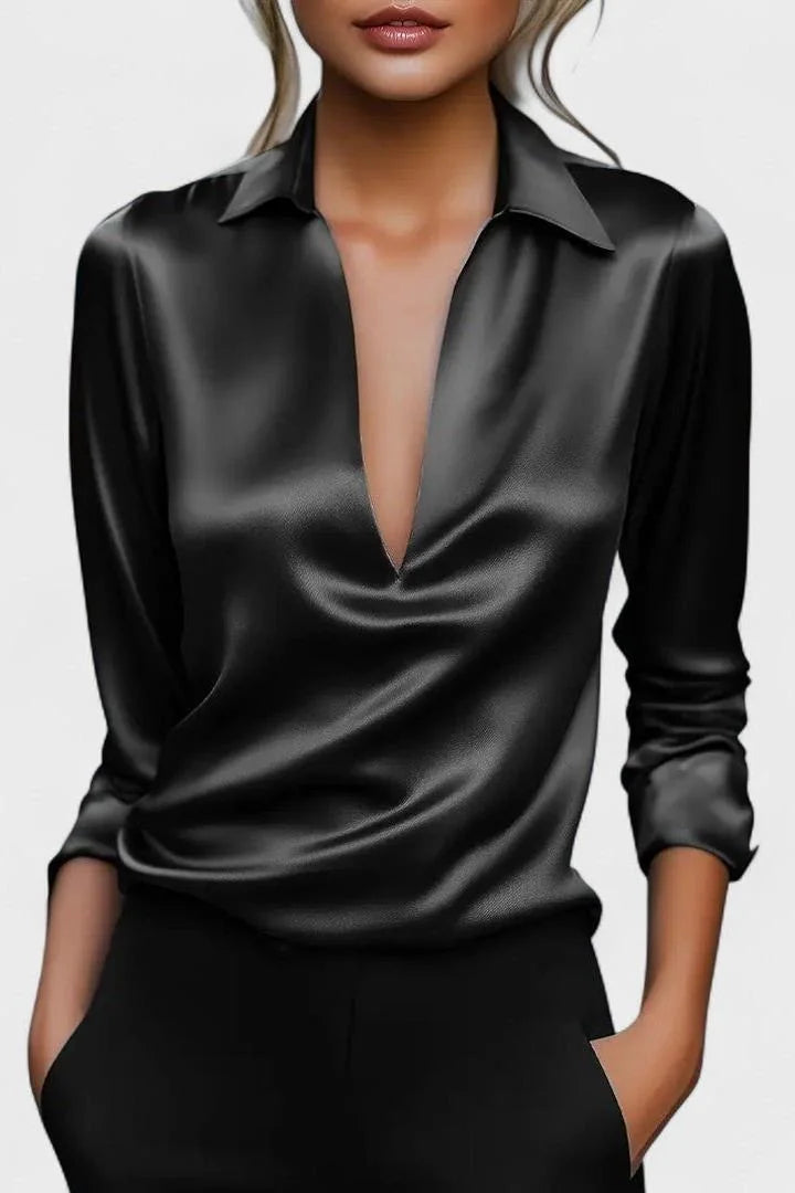 Black Women's V-Neck Long Sleeve Top with Draped Wrap Front & Point Collar
