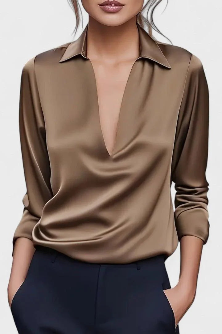 Brown Women's V-Neck Long Sleeve Top with Draped Wrap Front & Point Collar