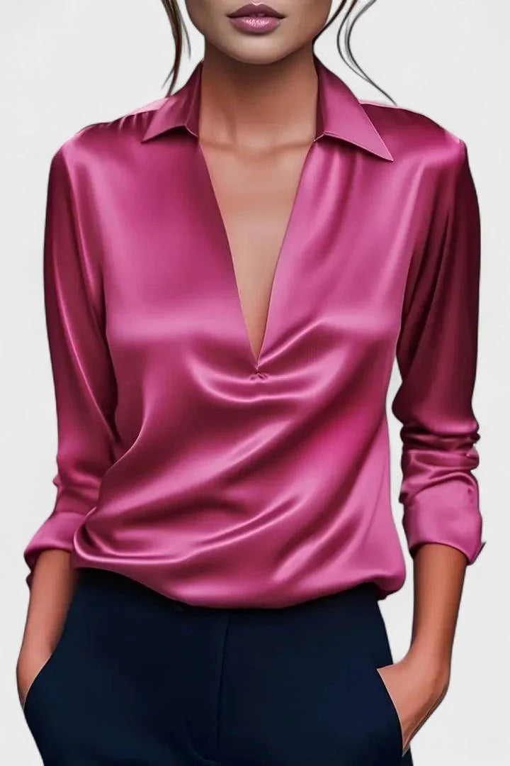 Dark Pink Women's V-Neck Long Sleeve Top with Draped Wrap Front & Point Collar - Close Up Neckline