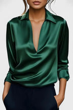 Green Women's V-Neck Long Sleeve Top with Draped Wrap Front & Point Collar