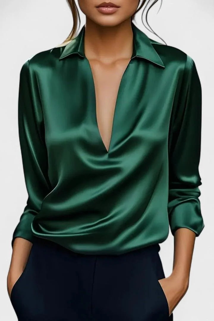 Green Women's V-Neck Long Sleeve Top with Draped Wrap Front & Point Collar