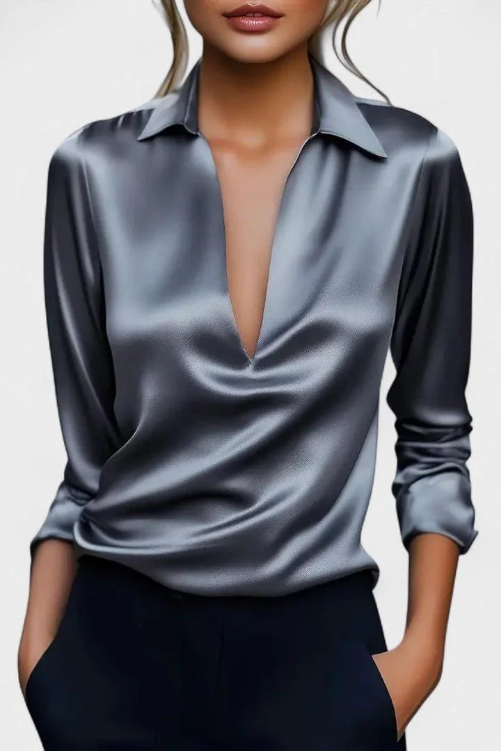 Grey Women's V-Neck Long Sleeve Top with Draped Wrap Front & Point Collar