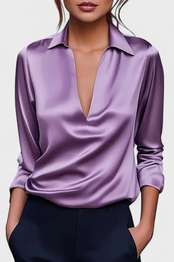 Lavanda Women's V-Neck Long Sleeve Top with Draped Wrap Front & Point Collar