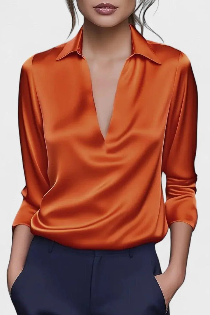 Orange Women's V-Neck Long Sleeve Top with Draped Wrap Front & Point Collar