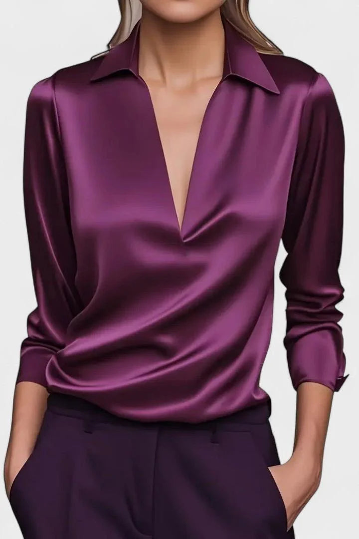 Purple Women's V-Neck Long Sleeve Top with Draped Wrap Front & Point Collar