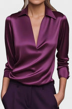 Purple Women's V-Neck Long Sleeve Top with Draped Wrap Front & Point Collar