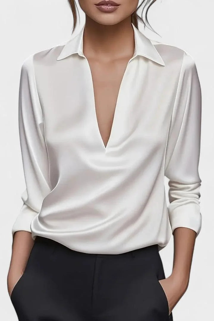 White Women's V-Neck Long Sleeve Top with Draped Wrap Front & Point Collar