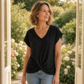 Women's Black V-Neck Summer Blouse — Lily Twist Hem Relaxed