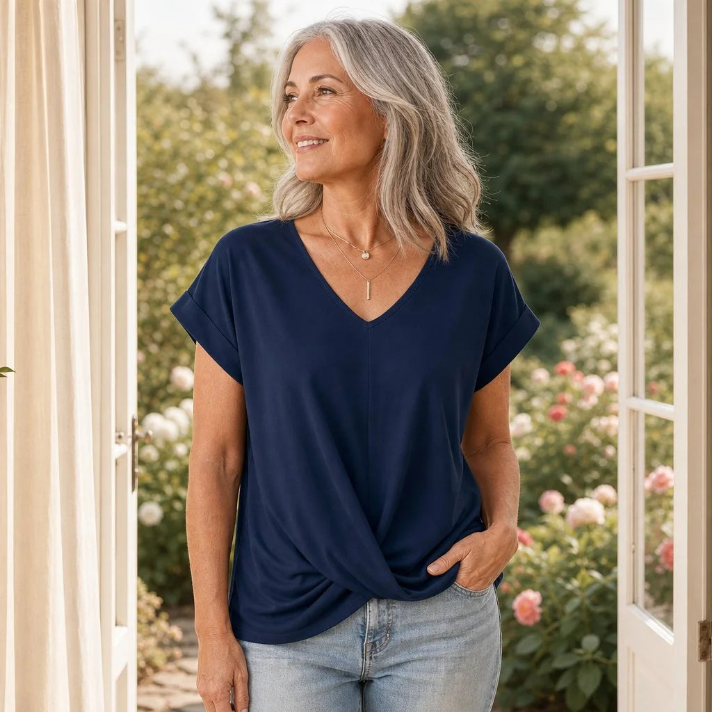 Navy Blue Women's Navy Blue V-Neck Summer Blouse — Nia Twist Hem Relaxed - Front Full