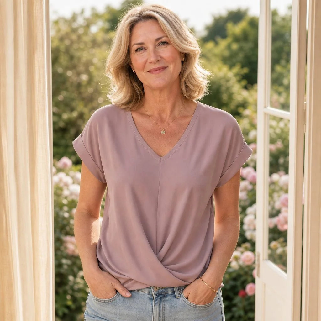 Pink Women's Mauve V-Neck Summer Blouse — Emily Twist Hem Short Sleeve - Front Full