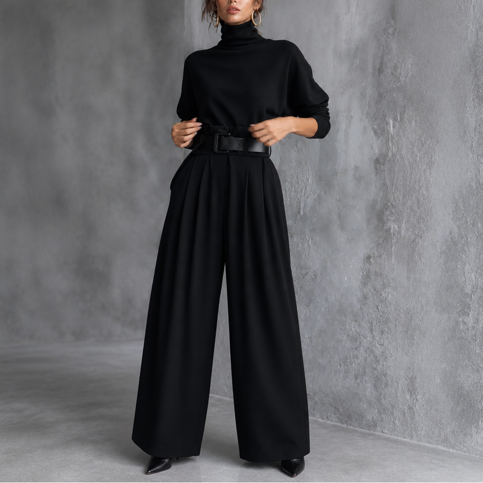 Black Women's Turtleneck Pants Set with High-Waist Belted Trousers