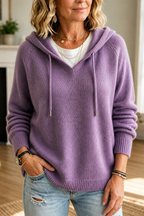 Purple Women's Oversized Hooded Knit Sweater with Ribbed Cuffs