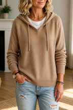 Khaki Women's Oversized Hooded Knit Sweater with Ribbed Cuffs