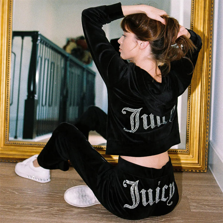 Black Women's Velour Tracksuit with Cropped Zip Hoodie & Rhinestone Logo Joggers