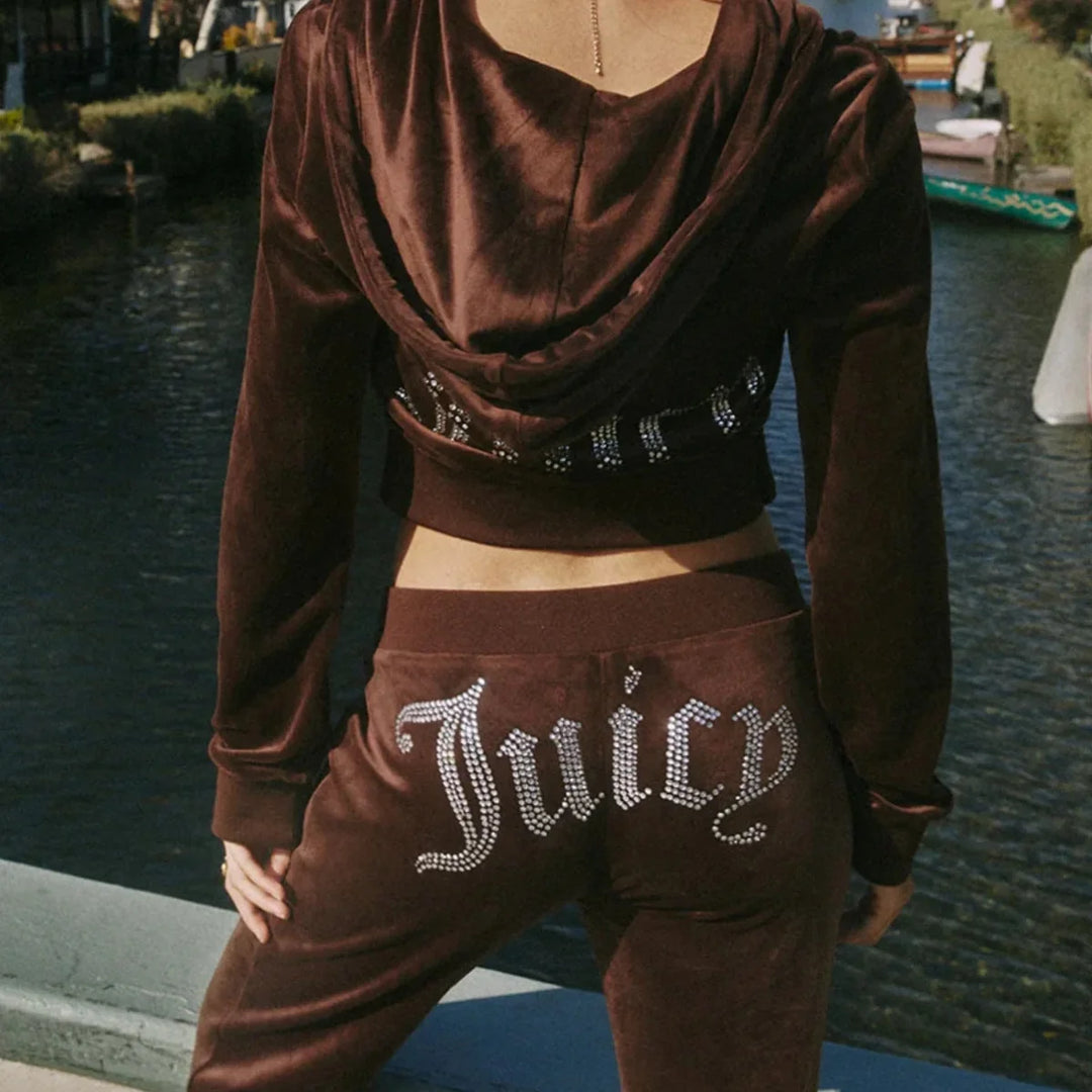 Coffee Women's Velour Tracksuit with Cropped Zip Hoodie & Rhinestone Logo Joggers — Tatiana - Brown Back Closeup Detail