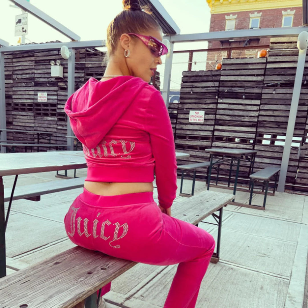 Magenta Women's Velour Tracksuit with Cropped Zip Hoodie & Rhinestone Logo Joggers
