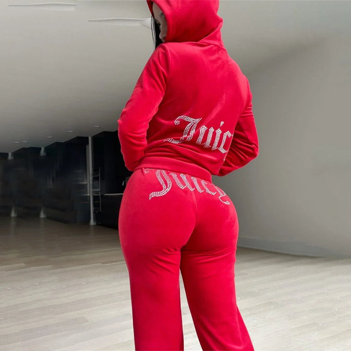 Red Women's Velour Tracksuit with Cropped Zip Hoodie & Rhinestone Logo Joggers