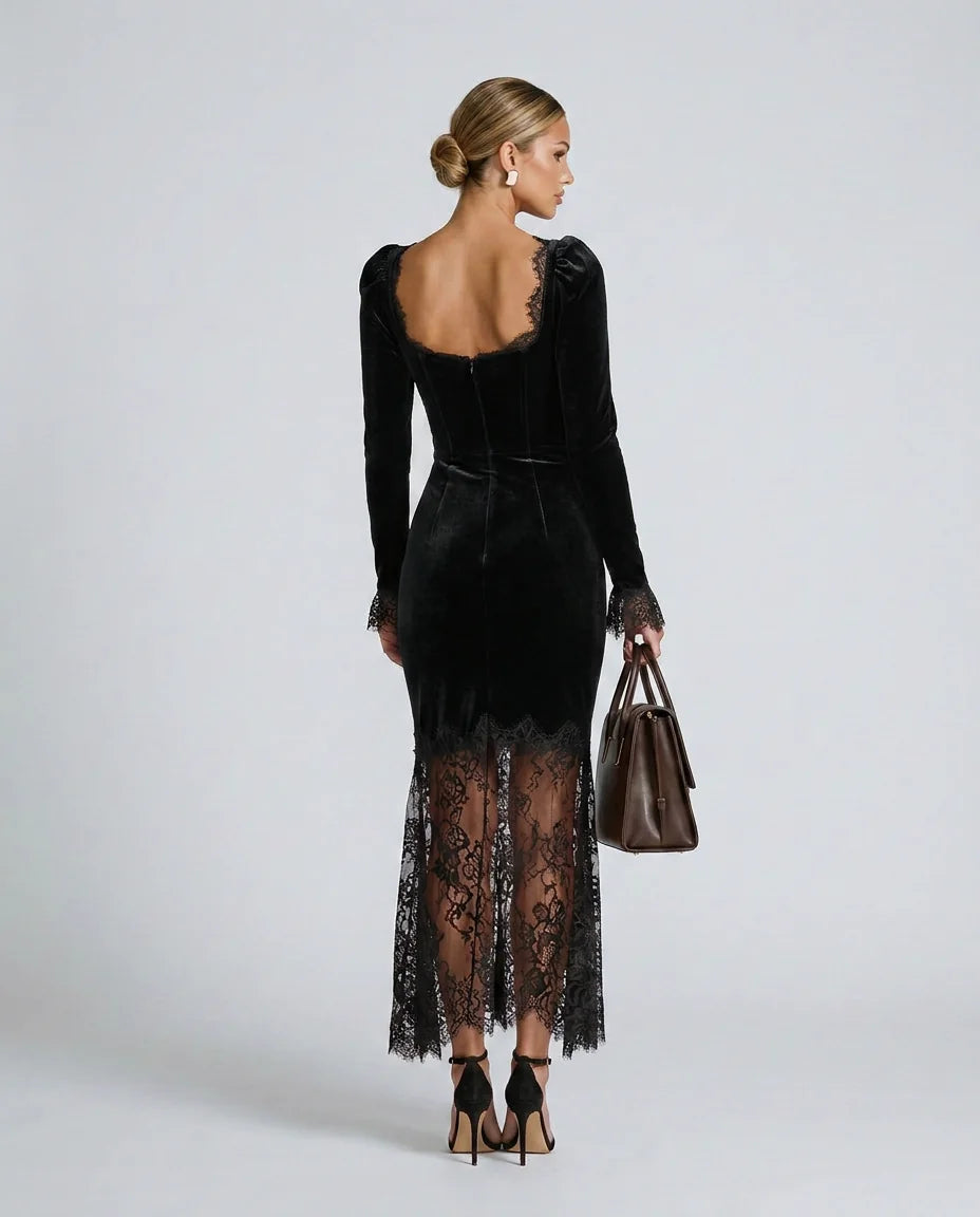 Women's Velvet Lace Maxi Dress with Square Neckline & Long Sleeves - Back Detail