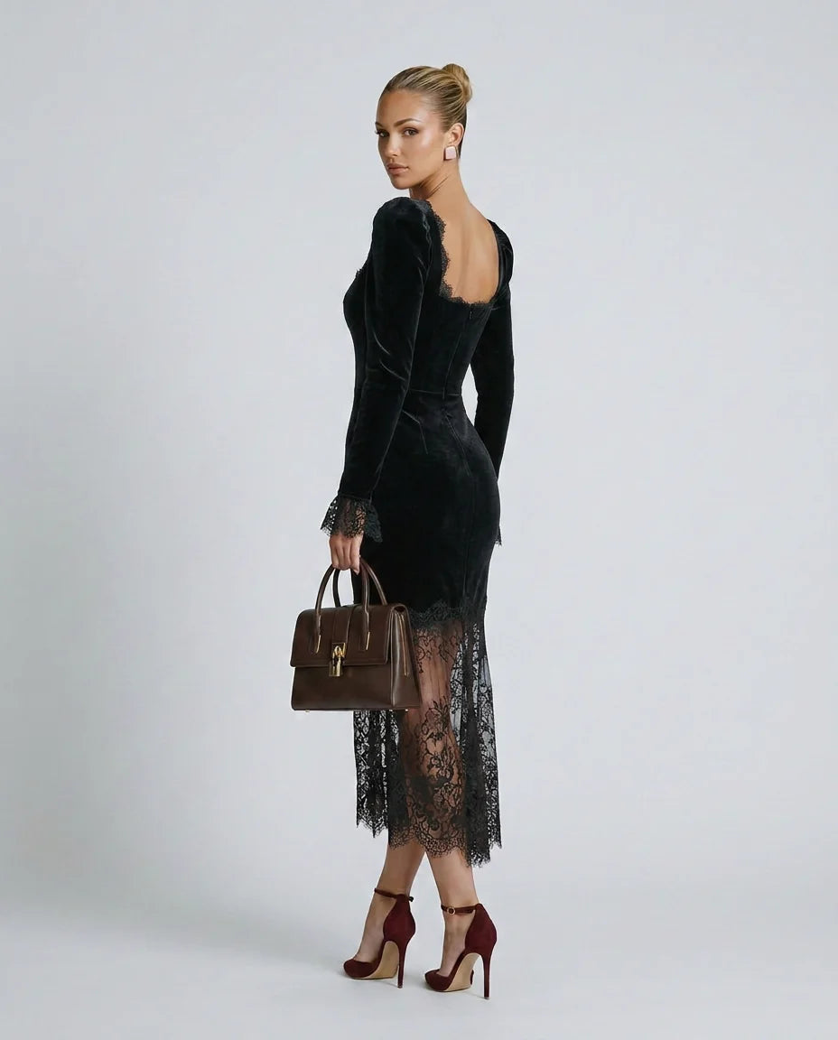 Women's Velvet Lace Maxi Dress with Square Neckline & Long Sleeves - Back Pose