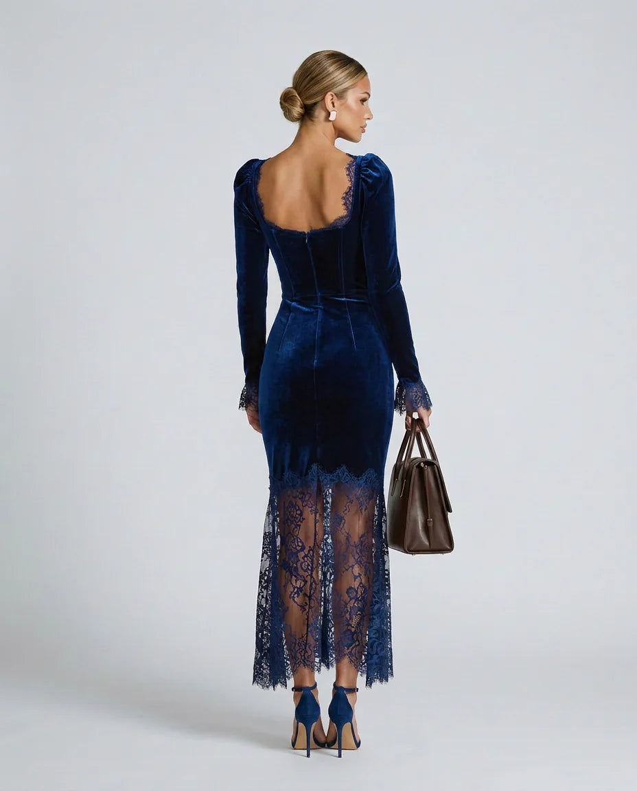 Women's Velvet Lace Maxi Dress with Square Neckline & Long Sleeves - Back Detail