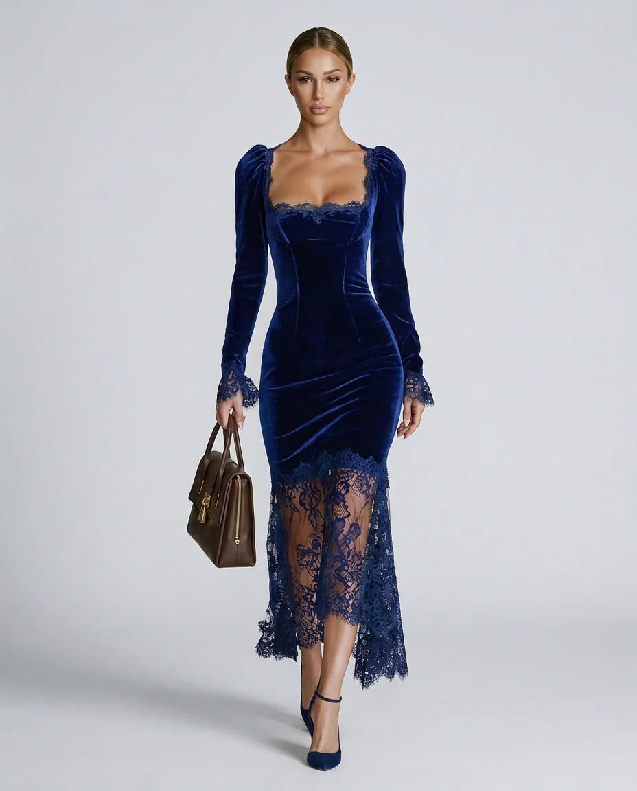 Blue Women's Velvet Lace Maxi Dress with Square Neckline & Long Sleeves — Alice