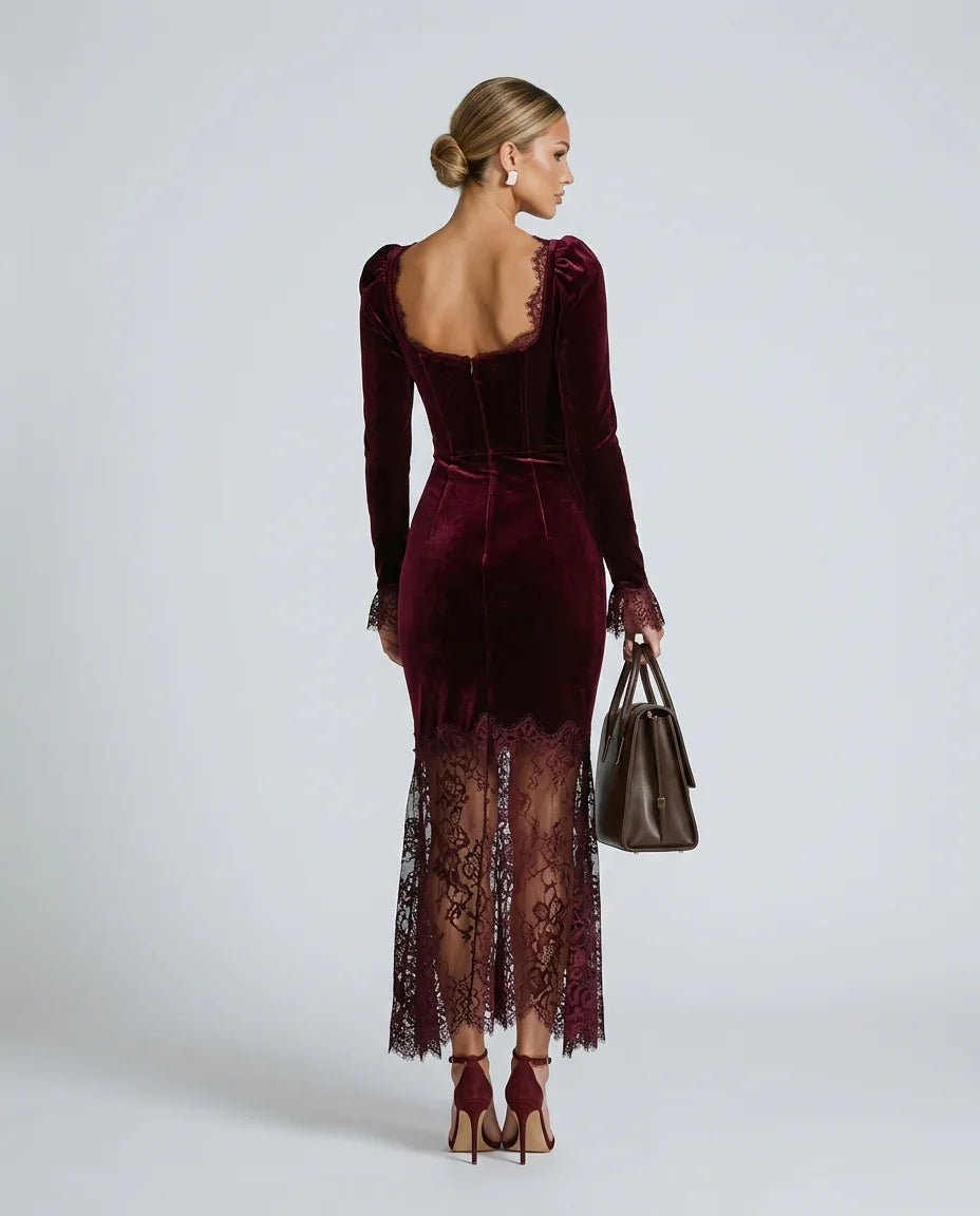 Women's Velvet Lace Maxi Dress with Square Neckline & Long Sleeves - Back Detail