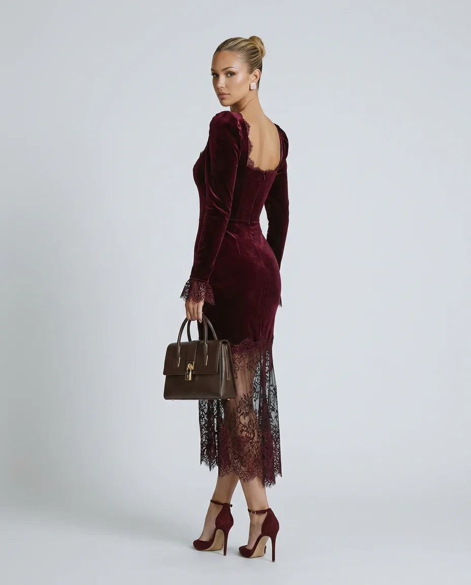 Women's Velvet Lace Maxi Dress with Square Neckline & Long Sleeves - Back Pose
