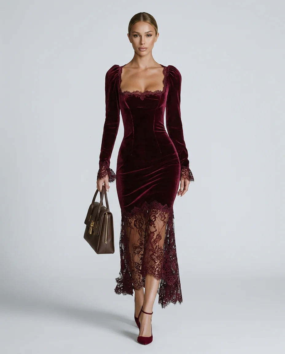 Burgundy Women's Velvet Lace Maxi Dress with Square Neckline & Long Sleeves
