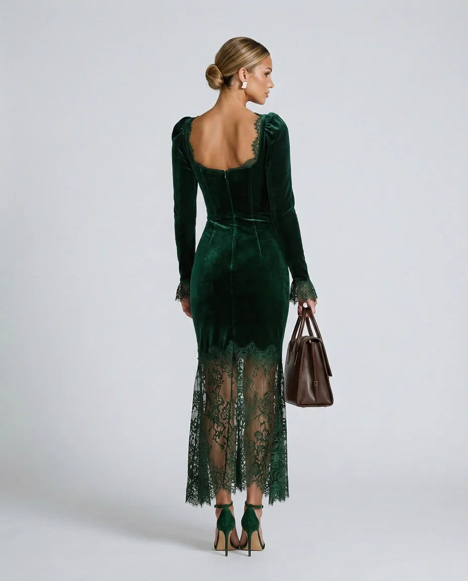 Dark Green Women's Velvet Lace Maxi Dress with Square Neckline & Long Sleeves — Alice - Back Detail