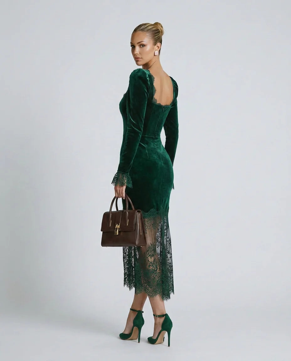 Women's Velvet Lace Maxi Dress with Square Neckline & Long Sleeves - Back Pose