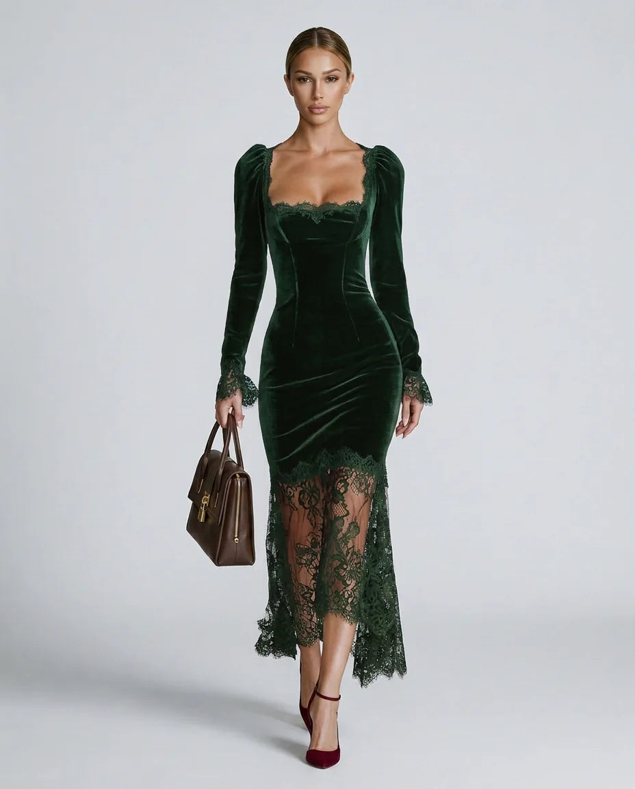 Dark Green Women's Velvet Lace Maxi Dress with Square Neckline & Long Sleeves