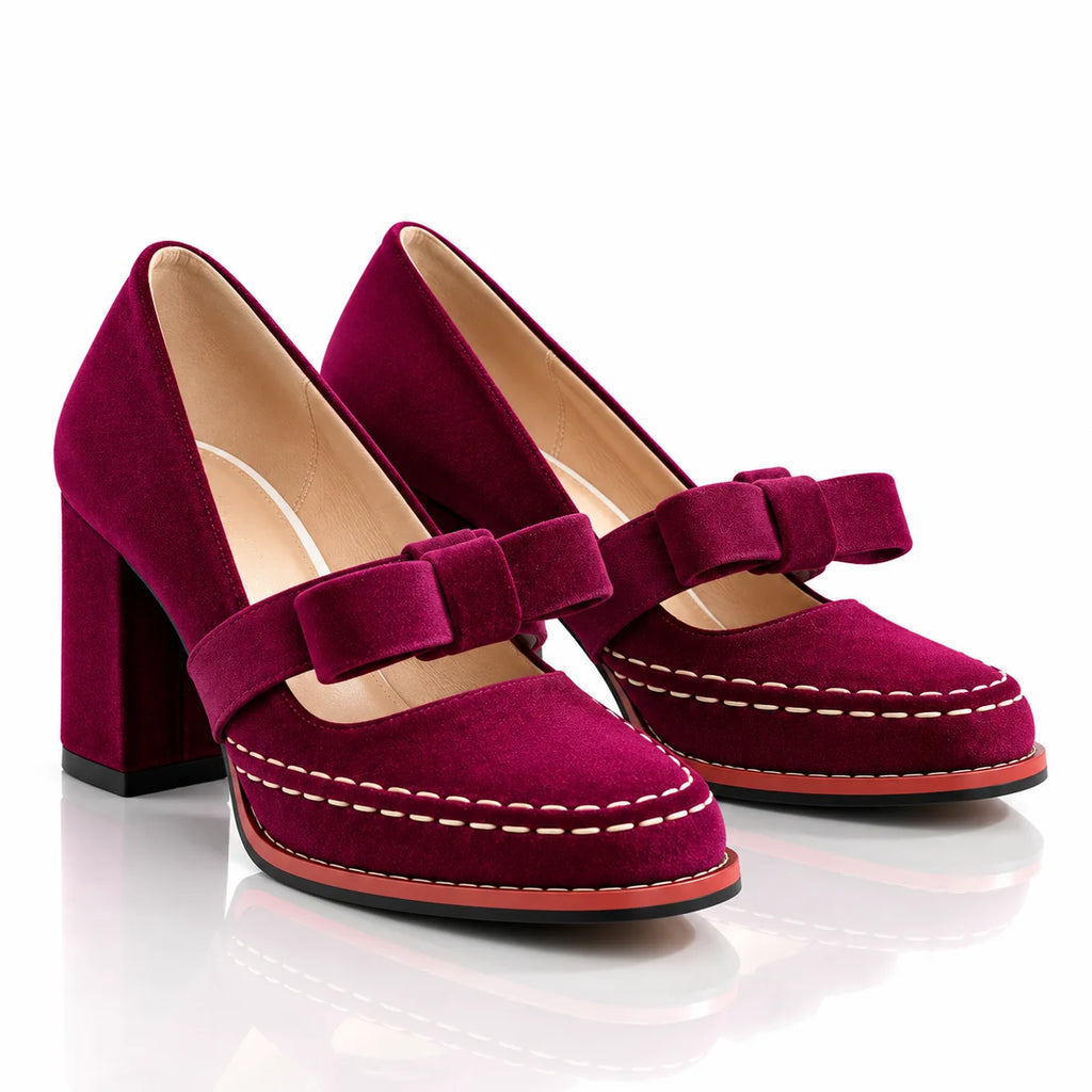 Berry Women's Velvet Mary Jane Heels with Bow Strap & Block Heel