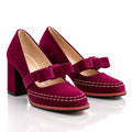 Berry Women's Velvet Mary Jane Heels with Bow Strap & Block Heel