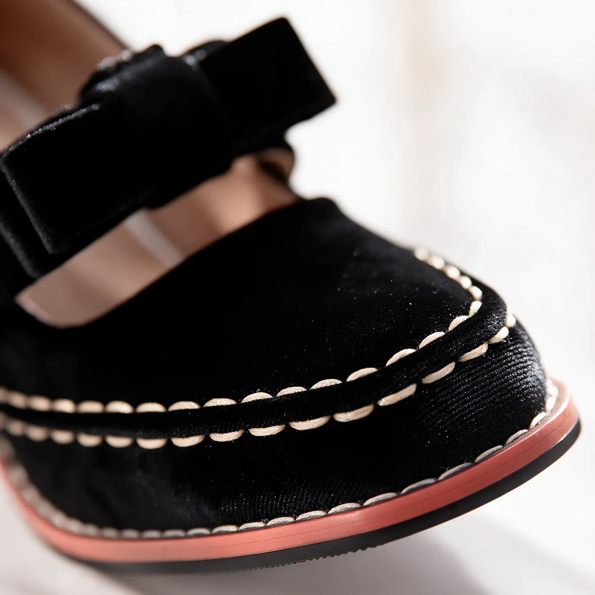 Women's Velvet Mary Jane Heels with Bow Strap & Block Heel - Close Up Toe Stitching
