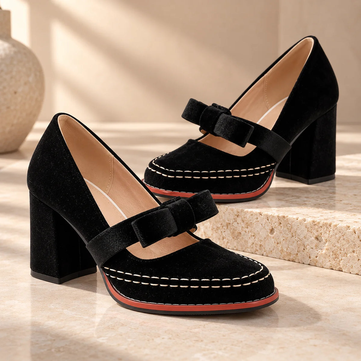 Women's Velvet Mary Jane Heels with Bow Strap & Block Heel - Styled Pair Marble Vase