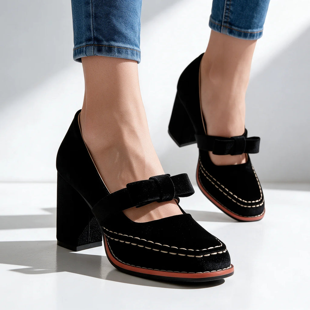 Women's Velvet Mary Jane Heels with Bow Strap & Block Heel - Worn Lifestyle Cropped Jeans