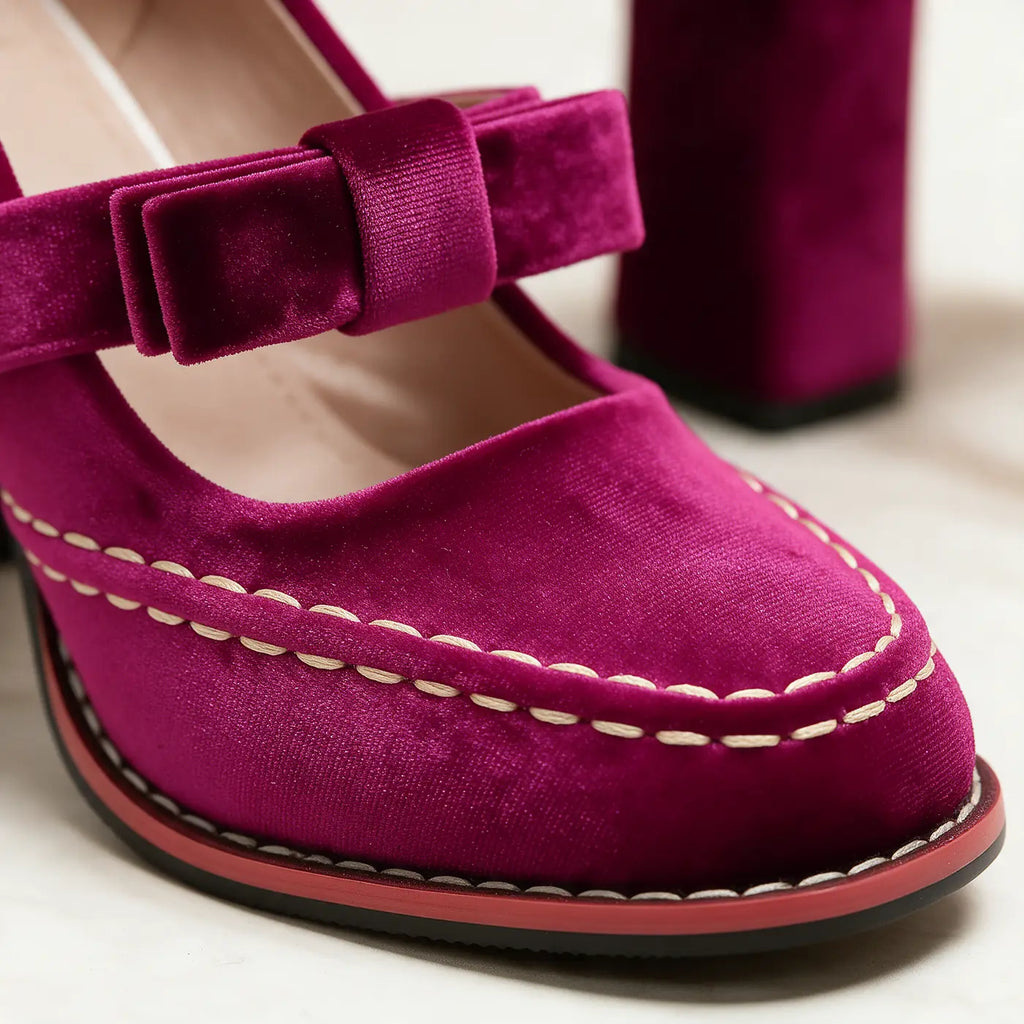 Women's Velvet Mary Jane Heels with Bow Strap & Block Heel - Close Up Bow Strap