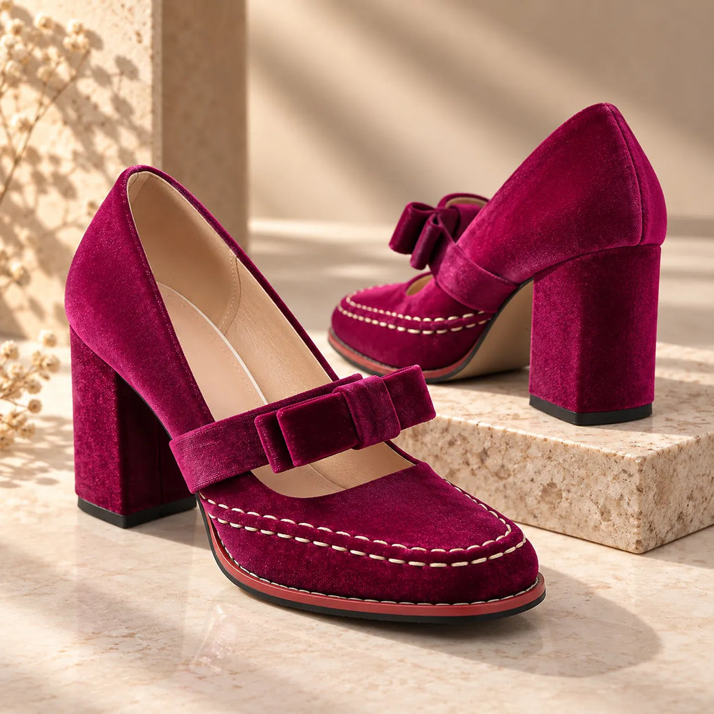Women's Velvet Mary Jane Heels with Bow Strap & Block Heel - Styled Pair Stone Steps