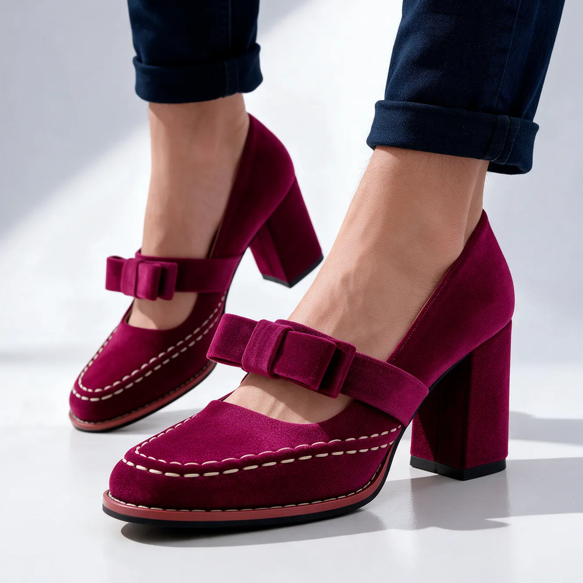 Women's Velvet Mary Jane Heels with Bow Strap & Block Heel - Worn Lifestyle Cuffed Jeans